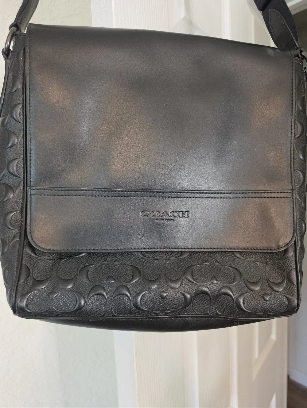 Coach Black Leather Embossed Signature Messenger Bag